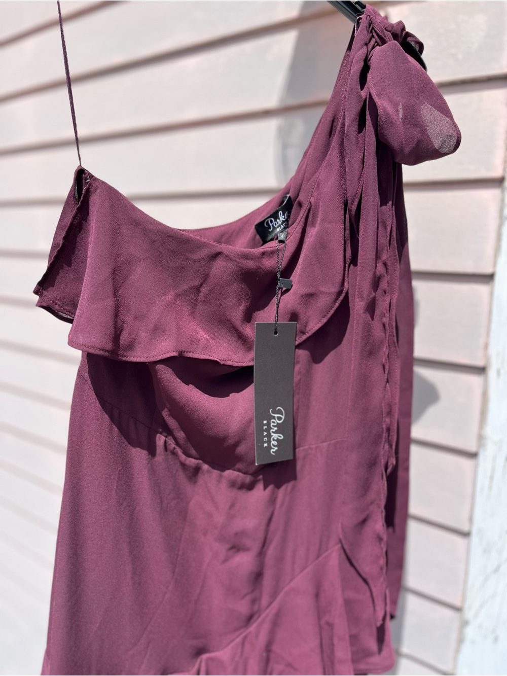 One-Shoulder Wine Ruffle Midi Dress - Picture 3 of 7